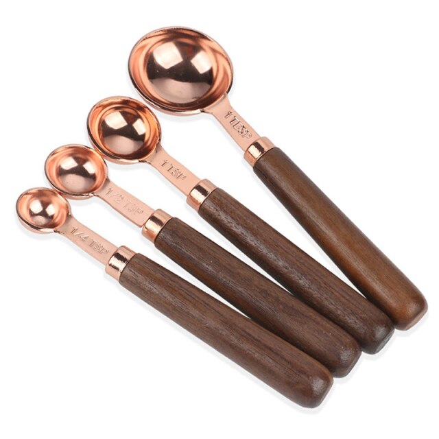 4pcs Stainless Steel Measuring Spoon Set Rosewood Handle Rose Gold Baking Appliance Scale Spoon Baking Measuring Spoon
