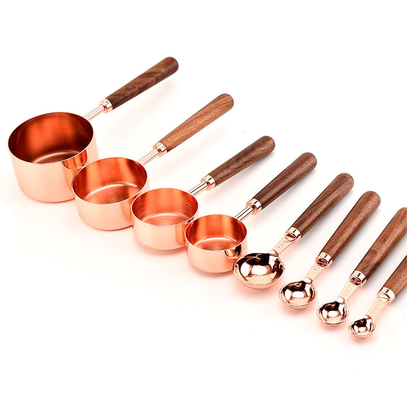 4pcs Stainless Steel Measuring Spoon Set Rosewood Handle Rose Gold Baking Appliance Scale Spoon Baking Measuring Spoon