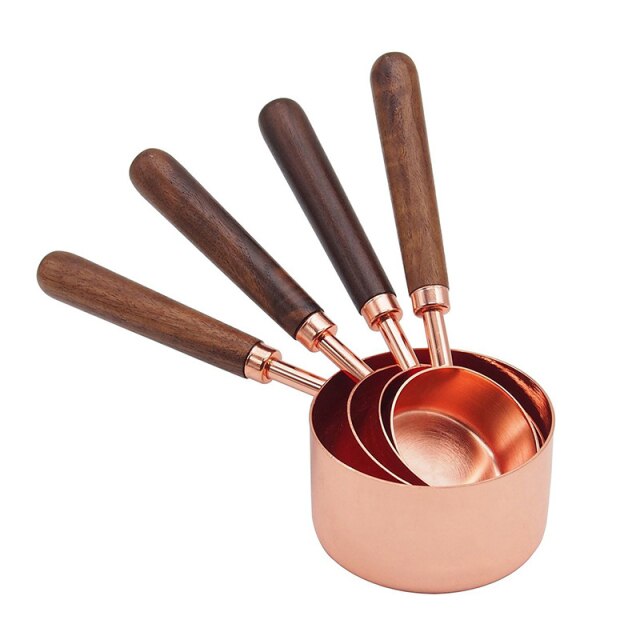 4pcs Stainless Steel Measuring Spoon Set Rosewood Handle Rose Gold Baking Appliance Scale Spoon Baking Measuring Spoon